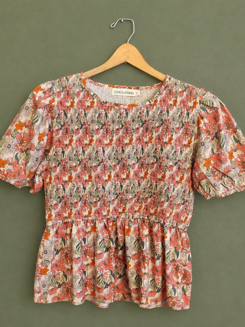 Grace + Emma Coral Floral Smocked Peplum Blouse